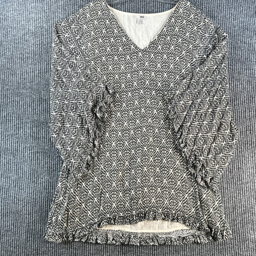 Amuse Society Womens M Black White Geometric Diamond Ruffle Bell Sleeve Tunic